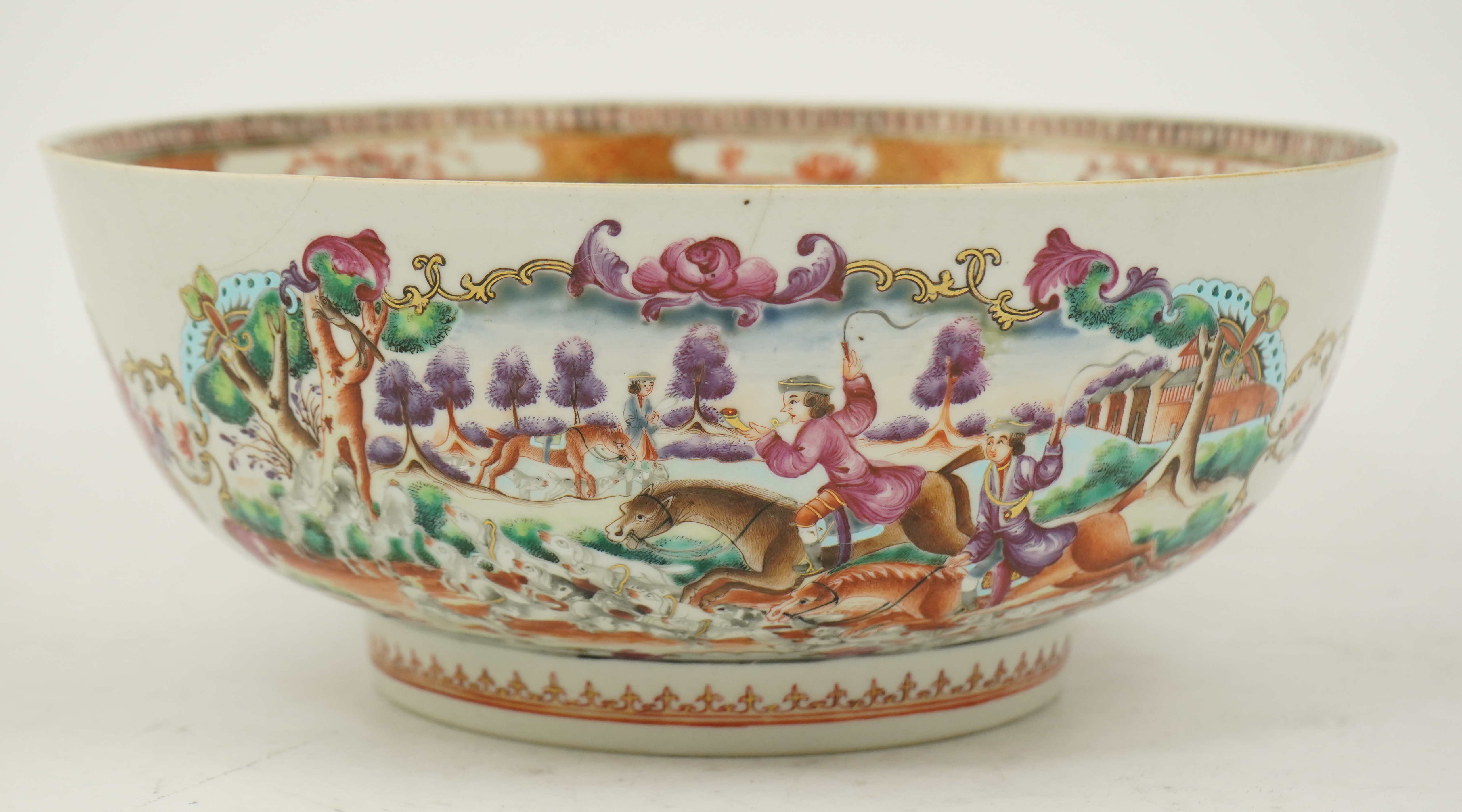 A Chinese export European subject ‘hunting’ punch bowl, Qianlong period